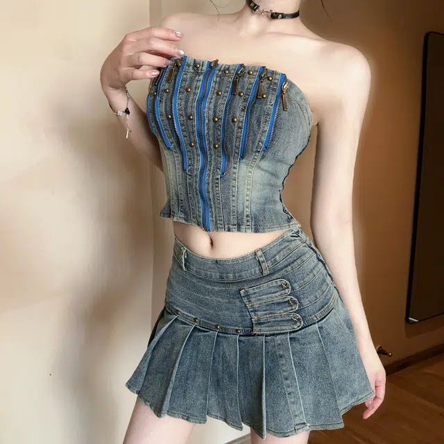涂诗菲 辣妹穿搭时尚牛仔两件套重工柳丁拉链无袖抹胸上衣高腰百褶裙百搭牛仔裙装套装 女款