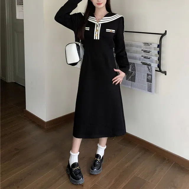 涂诗菲 撞色海军领学院风气质显瘦露腰长袖连衣裙 女款 黑色