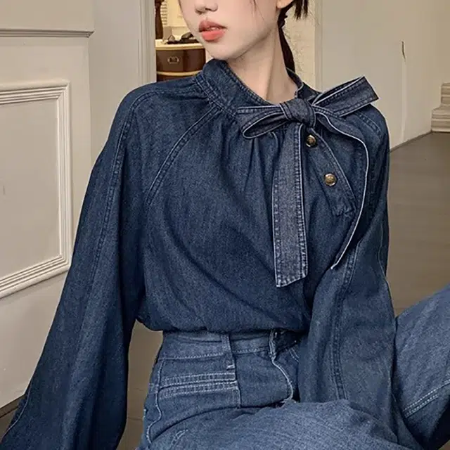 涂诗菲 法式复古蝴蝶结系带泡泡袖衬衫减龄宽松立领牛仔上衣 女款