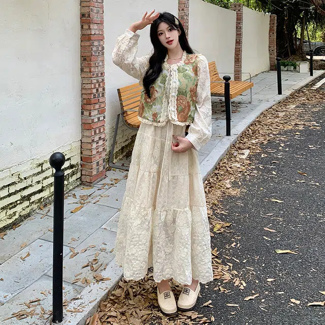 涂诗菲 法式设计感提花马甲长袖气质高腰连衣裙裙装套装 女款