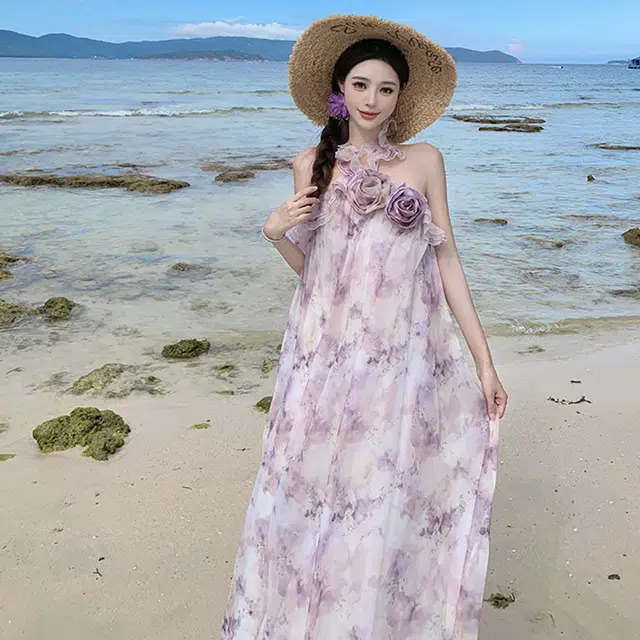 涂诗菲 重工手作立体玫瑰挂脖荷叶边印花碎花海边度假甜美温柔气质无袖连衣裙 女款