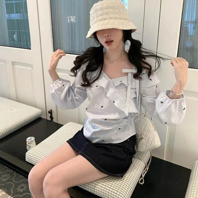 涂诗菲 条纹修身适中高腰长袖裙装套装 女款