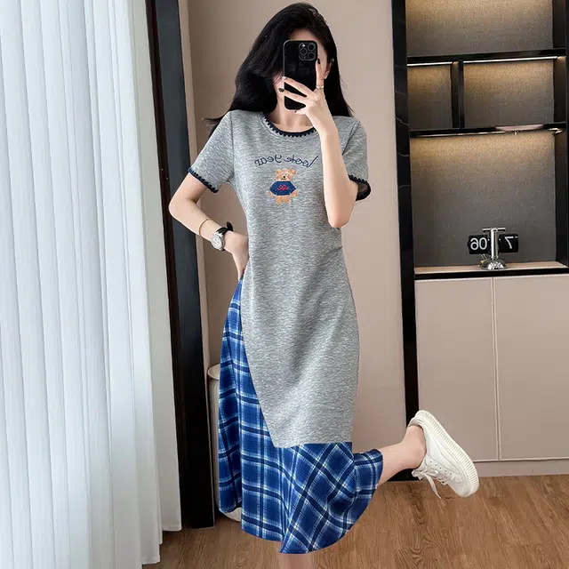 费尔岛上的猫 韩版法式融合时尚拼接中长款大码服饰短袖连衣裙 女款