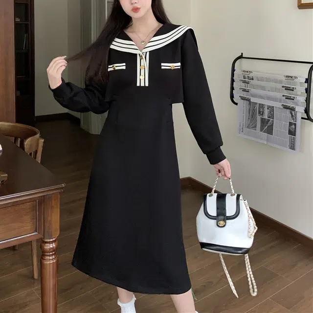 涂诗菲 撞色海军领学院风气质显瘦露腰长袖连衣裙 女款 黑色
