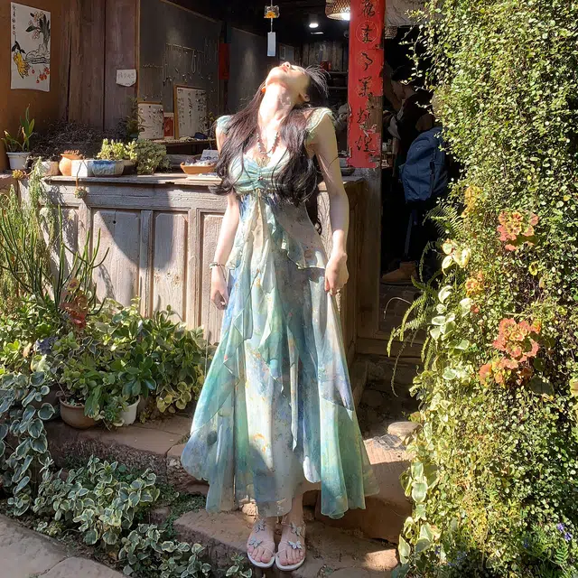 涂诗菲 法式气质印花时尚百搭海边度假清凉氛围感吊带连衣裙 女款 图片色