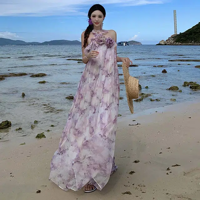涂诗菲 重工手作立体玫瑰挂脖荷叶边印花碎花海边度假甜美温柔气质无袖连衣裙 女款