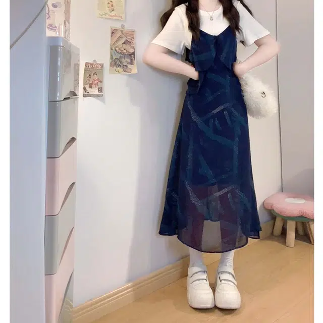 涂诗菲 大码设计感法式复古撞色百搭休闲宽松高级感短袖连衣裙 女款