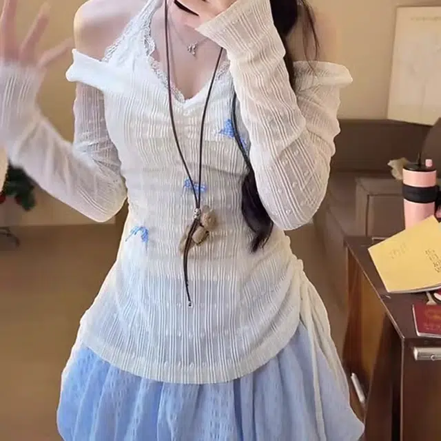 涂诗菲 系带长袖上衣基础百搭收腰短裙裙装套装 女款