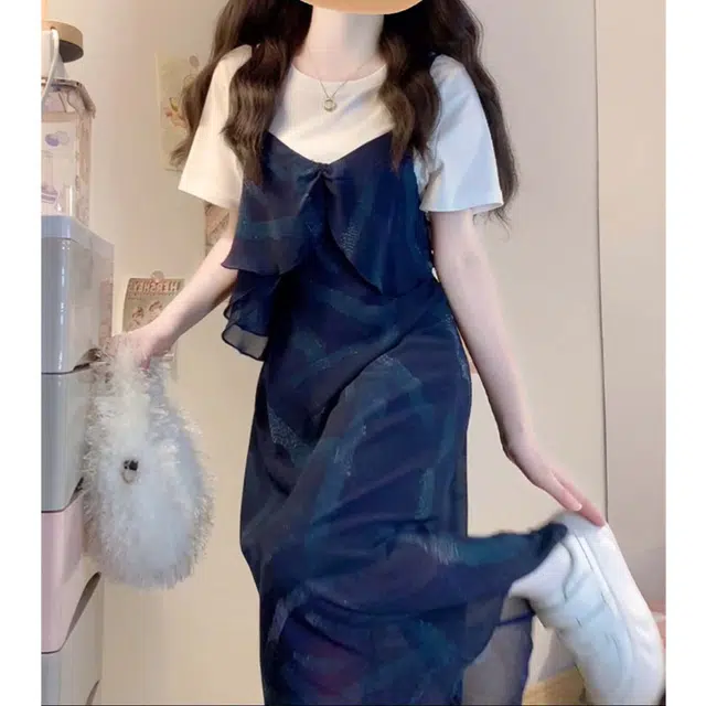 涂诗菲 大码设计感法式复古撞色百搭休闲宽松高级感短袖连衣裙 女款