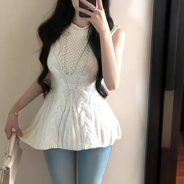 涂诗菲 法式辣妹性感设计感荷叶边无袖针织上衣简约收腰背心 女款