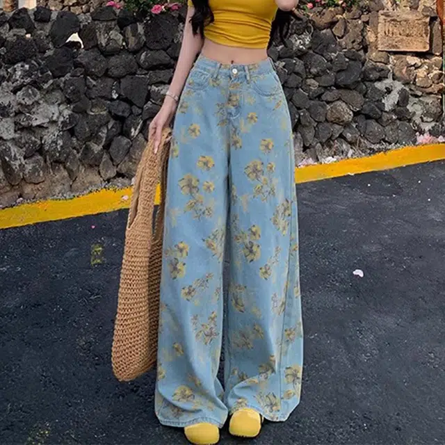 涂诗菲 美式浪漫花朵印花直筒拖地长裤女高腰慵懒宽松显瘦牛仔裤 女款 蓝色