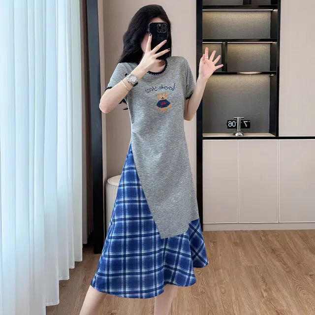 费尔岛上的猫 韩版法式融合时尚拼接中长款大码服饰短袖连衣裙 女款