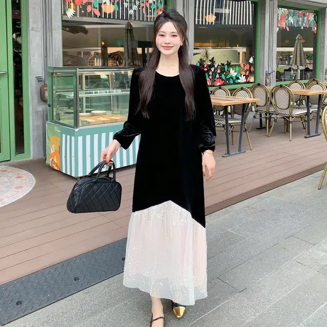 涂诗菲 设计感拼接亮片法式气质收腰长裙长袖连衣裙 女款 黑色