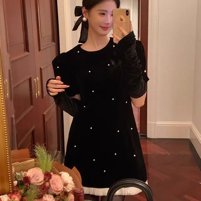 涂诗菲 小香风优雅气质丝绒长袖连衣裙 女款 黑色