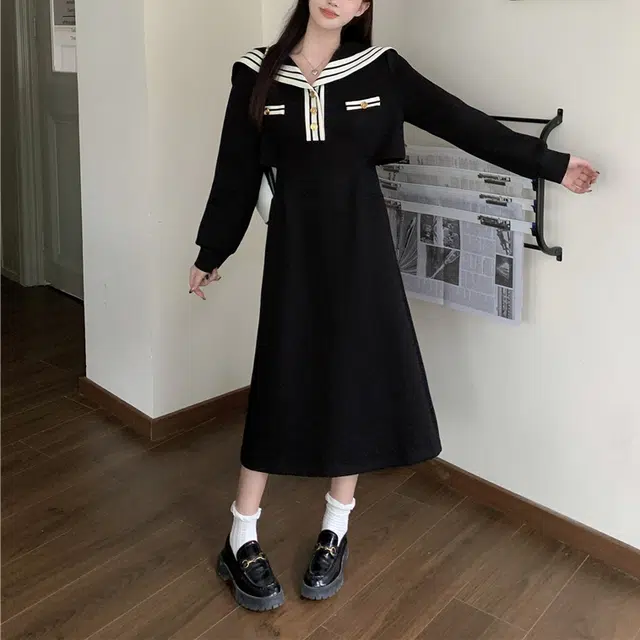 涂诗菲 撞色海军领学院风气质显瘦露腰长袖连衣裙 女款 黑色
