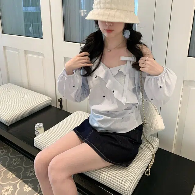 涂诗菲 条纹修身适中高腰长袖裙装套装 女款