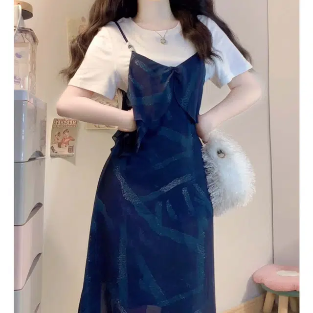 涂诗菲 大码设计感法式复古撞色百搭休闲宽松高级感短袖连衣裙 女款