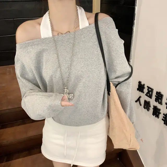 涂诗菲 韩版潮流时尚简约纯色舒适设计显瘦百搭慵懒风松弛感假两件长袖针织衫 女款
