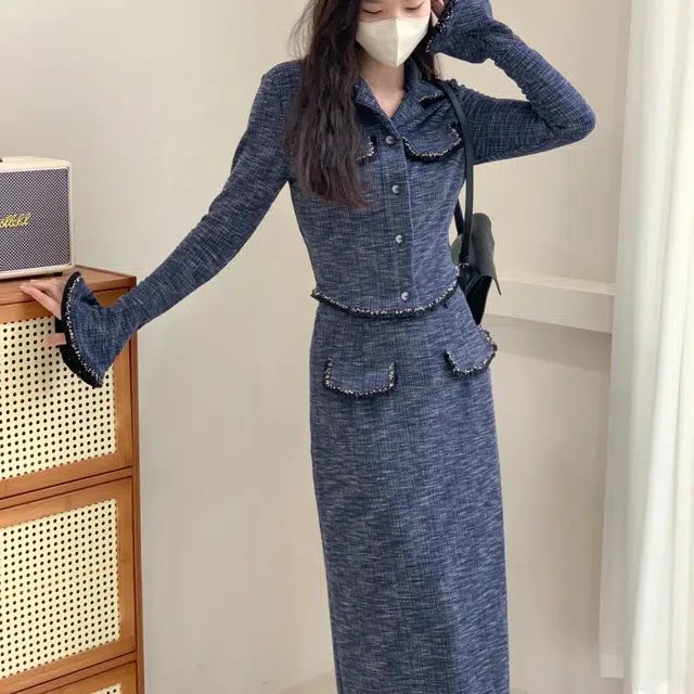 涂诗菲 法式小香风气质长袖上衣休闲简约设计感时尚百搭慵懒风舒适纯欲约会长裙裙装套装 女款