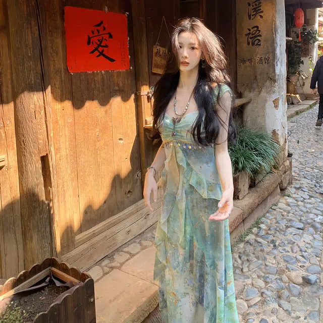 涂诗菲 法式气质印花时尚百搭海边度假清凉氛围感吊带连衣裙 女款 图片色