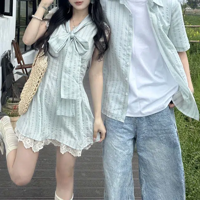 涂诗菲 学院风甜妹蕾丝拼接复古条纹法式无袖连衣裙女宽松上衣衬衫男情侣套装