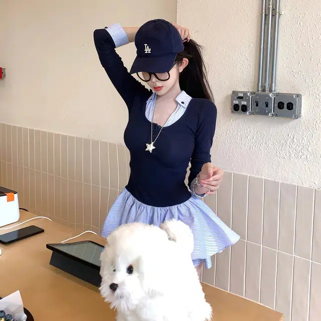涂诗菲 韩版学院风简约舒适时尚设计感假两件百搭气质纯欲条纹长袖裙装套装 女款