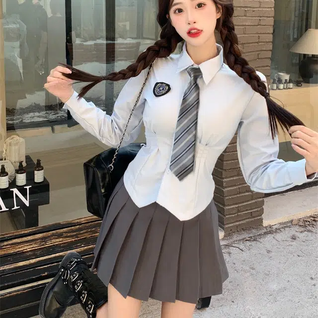 涂诗菲 时尚简约舒适长袖衬衫半身裙两件套裙装套装 女款