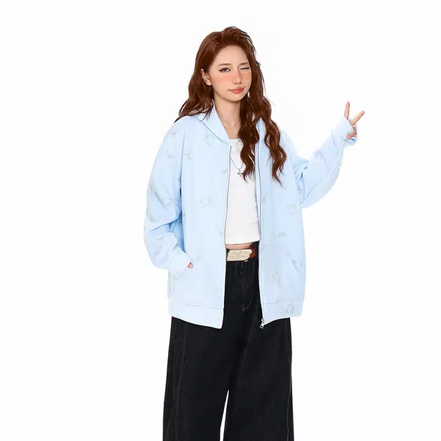 涂诗菲 韩系甜美慵懒风时尚休闲百搭宽松通勤显瘦设计感刺绣猫咪外套卫衣 女款