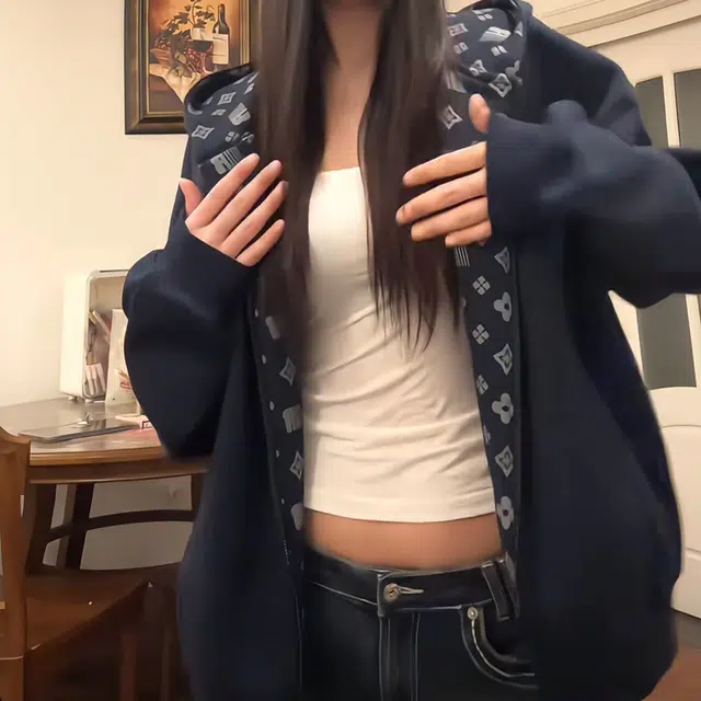 涂诗菲 美式高街复古内里印花设计感开衫宽松休闲百搭运动长袖连帽卫衣 男女同款