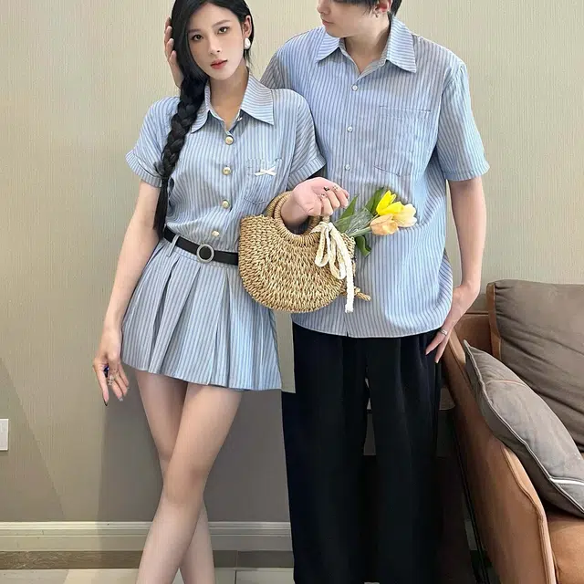 涂诗菲 文艺气质条纹翻领短裙连衣裙女宽松衬衣上衣男短袖情侣套装