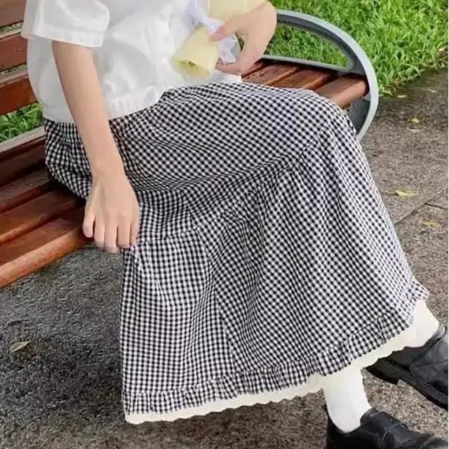 涂诗菲 学院风格子拼接蕾丝花边口袋蛋糕休闲长裙 女款 图片色