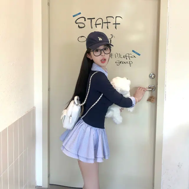 涂诗菲 韩版学院风简约舒适时尚设计感假两件百搭气质纯欲条纹长袖裙装套装 女款