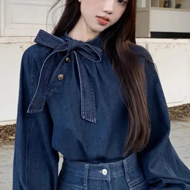涂诗菲 法式复古蝴蝶结系带泡泡袖衬衫减龄宽松立领牛仔上衣 女款