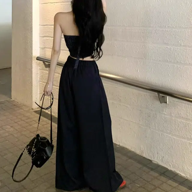 涂诗菲 法式辣妹气质蕾丝背心条纹拼接鱼骨无袖抹胸高腰显瘦长裤阔腿裤休闲套装 女款