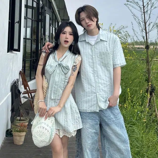 涂诗菲 学院风甜妹蕾丝拼接复古条纹法式无袖连衣裙女宽松上衣衬衫男情侣套装