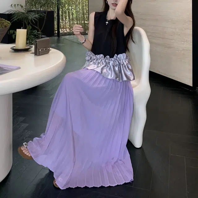 涂诗菲 法式高级感荷叶边拼接无袖背心上衣设计感高腰半身裙裙装套装 女款