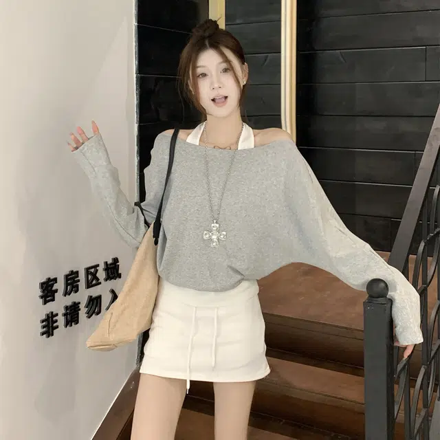 涂诗菲 韩版潮流时尚简约纯色舒适设计显瘦百搭慵懒风松弛感假两件长袖针织衫 女款