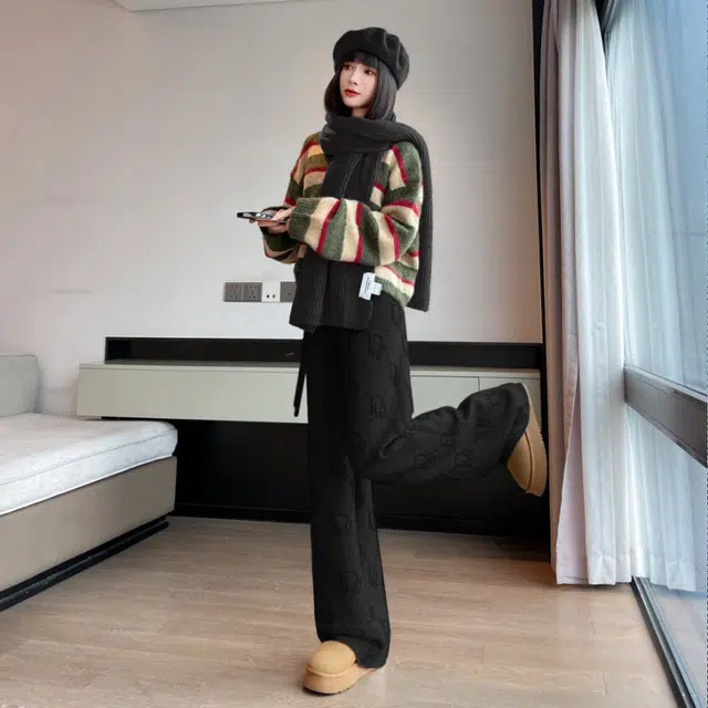 涂诗菲 韩版软糯宽松简约设计感舒适通勤慵懒风时尚气质提花针织休闲裤 女款