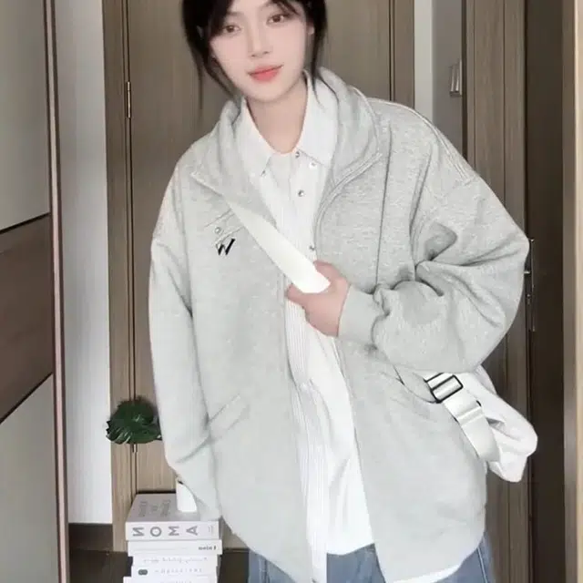 涂诗菲 韩版百搭纯色简约气质设计感通勤舒适慵懒风高腰显瘦时尚休闲外套卫衣 男女同款