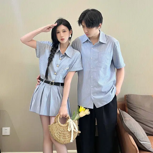 涂诗菲 文艺气质条纹翻领短裙连衣裙女宽松衬衣上衣男短袖情侣套装