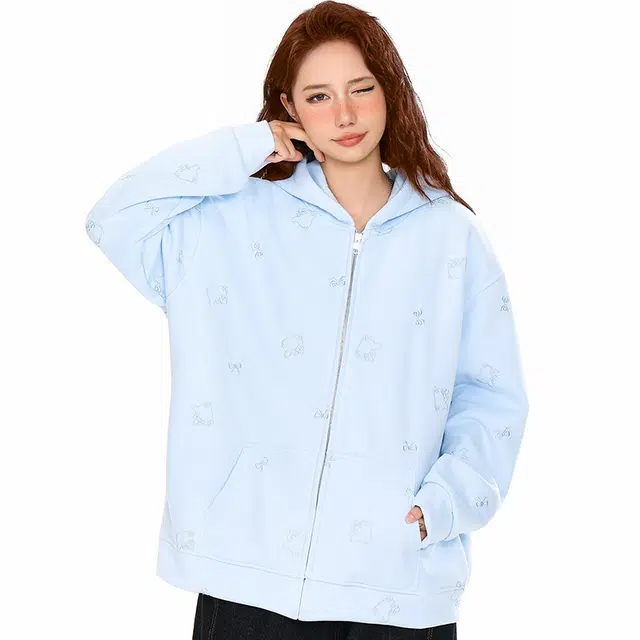 涂诗菲 韩系甜美慵懒风时尚休闲百搭宽松通勤显瘦设计感刺绣猫咪外套卫衣 女款