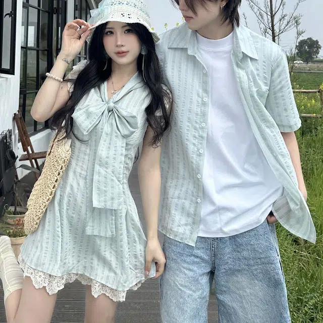 涂诗菲 学院风甜妹蕾丝拼接复古条纹法式无袖连衣裙女宽松上衣衬衫男情侣套装