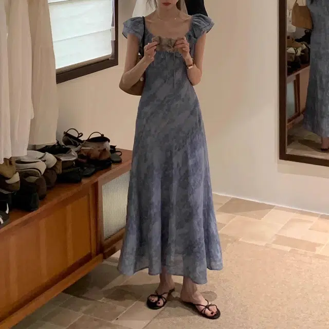 涂诗菲 法式优雅扎染提花荷叶领系带长裙修身气质短袖连衣裙 女款