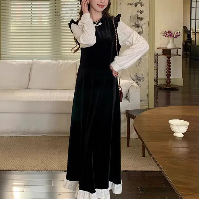 涂诗菲 新中式盘扣丝绒拼接设计感长袖连衣裙 女款 黑拼白
