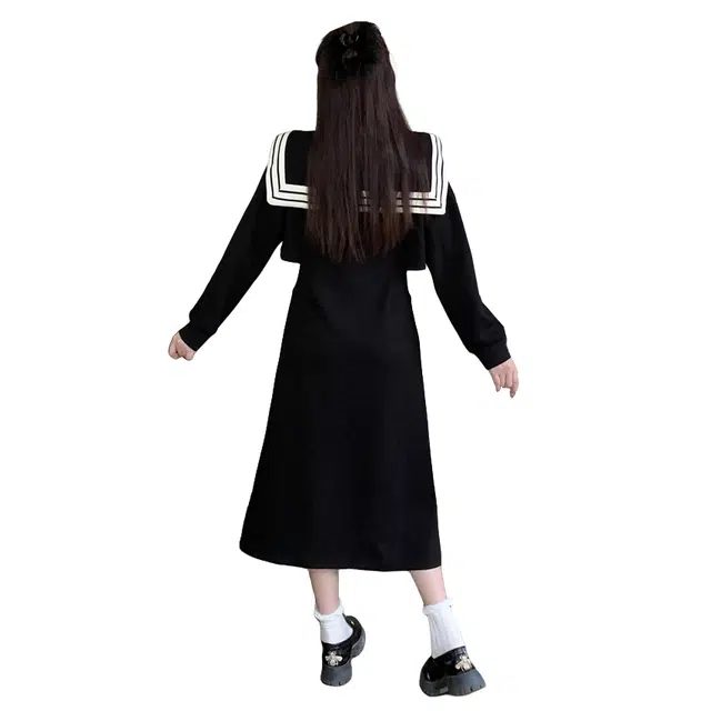 涂诗菲 撞色海军领学院风气质显瘦露腰长袖连衣裙 女款 黑色
