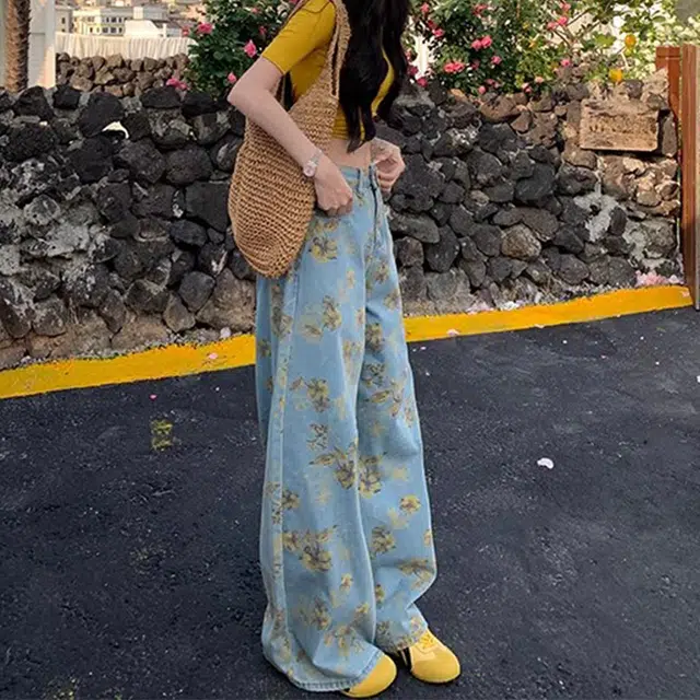 涂诗菲 美式浪漫花朵印花直筒拖地长裤女高腰慵懒宽松显瘦牛仔裤 女款 蓝色