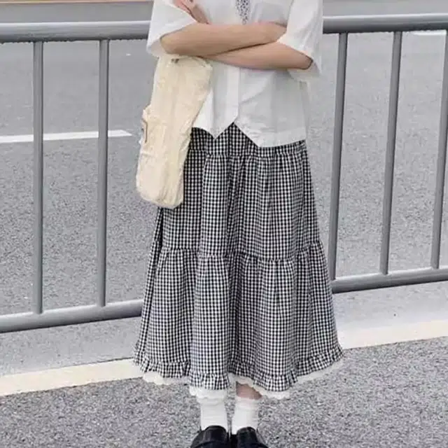 涂诗菲 学院风格子拼接蕾丝花边口袋蛋糕休闲长裙 女款 图片色