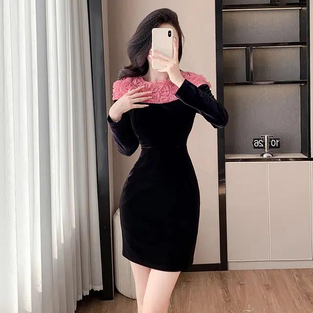 涂诗菲 法式玫瑰撞色花朵设计感名媛风拼色长袖连衣裙 女款 黑色