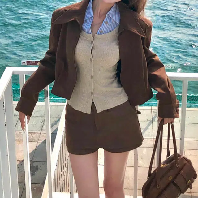 涂诗菲 美式复古高街纯色设计感小众长袖上衣宽松休闲气质时尚高级感短裙裙装套装 女款
