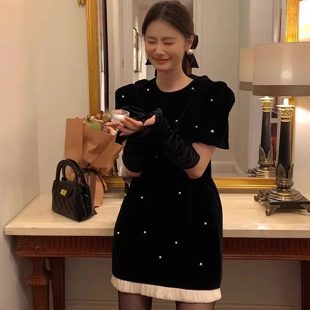 涂诗菲 小香风优雅气质丝绒长袖连衣裙 女款 黑色